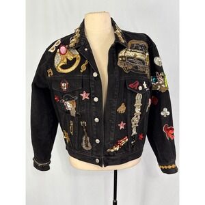 Jordache Black Denim Jacket Upcycled Embellished Sequins Car Face Rhinestones, S